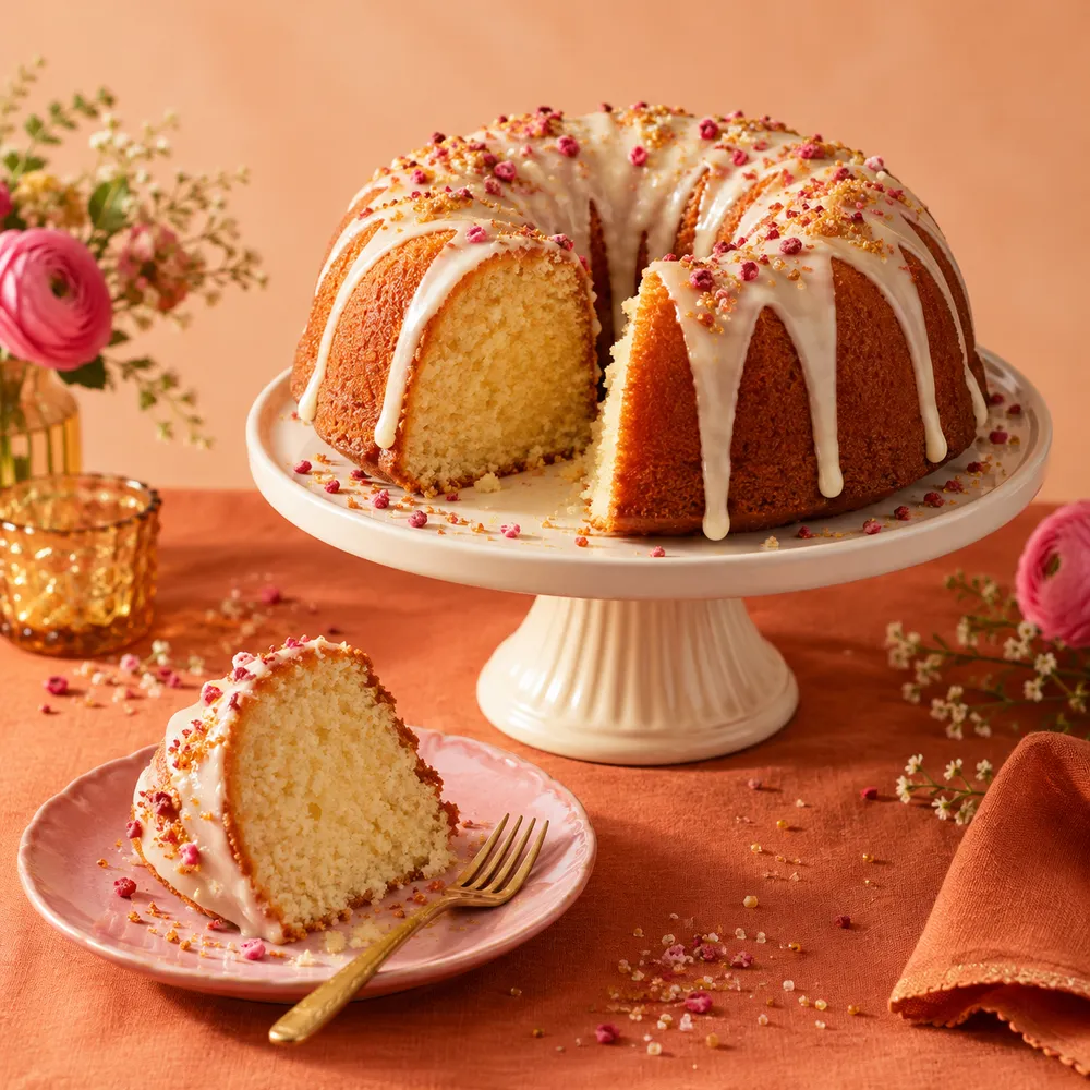 Cake styling inspiration: a golden glazed bundt cake on a cream stand with a slice on a pink plate
